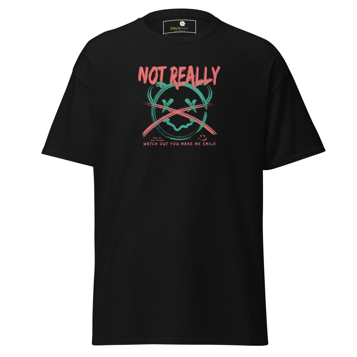 Black T-shirt with graphic design suitable for men and women, available in sizes S to XL