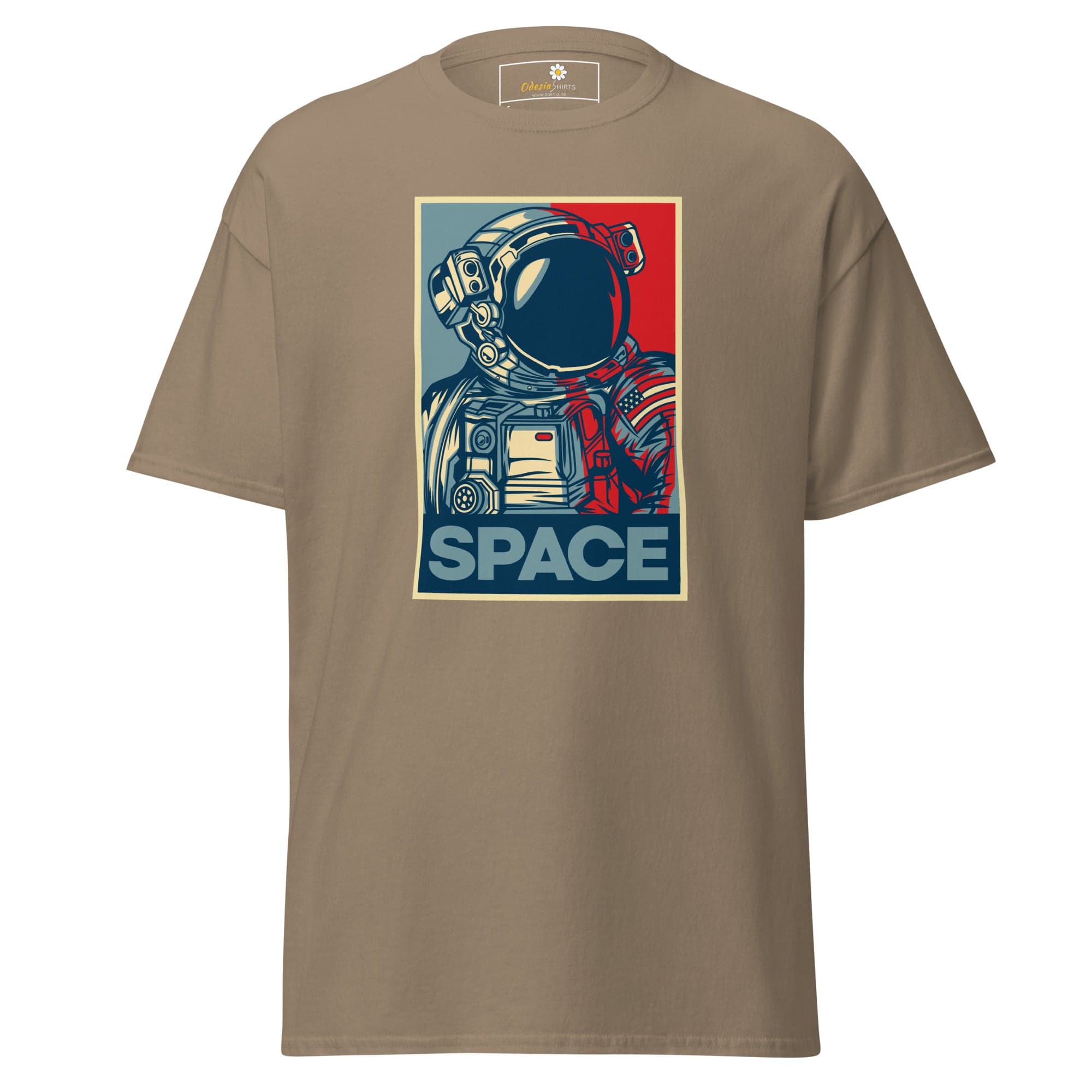 Khaki T-shirt with astronaut graphic for men and women in sizes S to XL