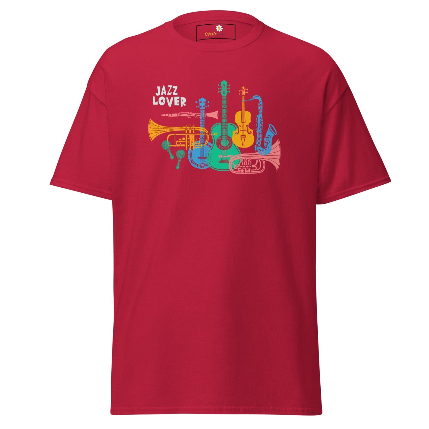 Red T-shirt with jazz instrument graphic for men and women size S to XL