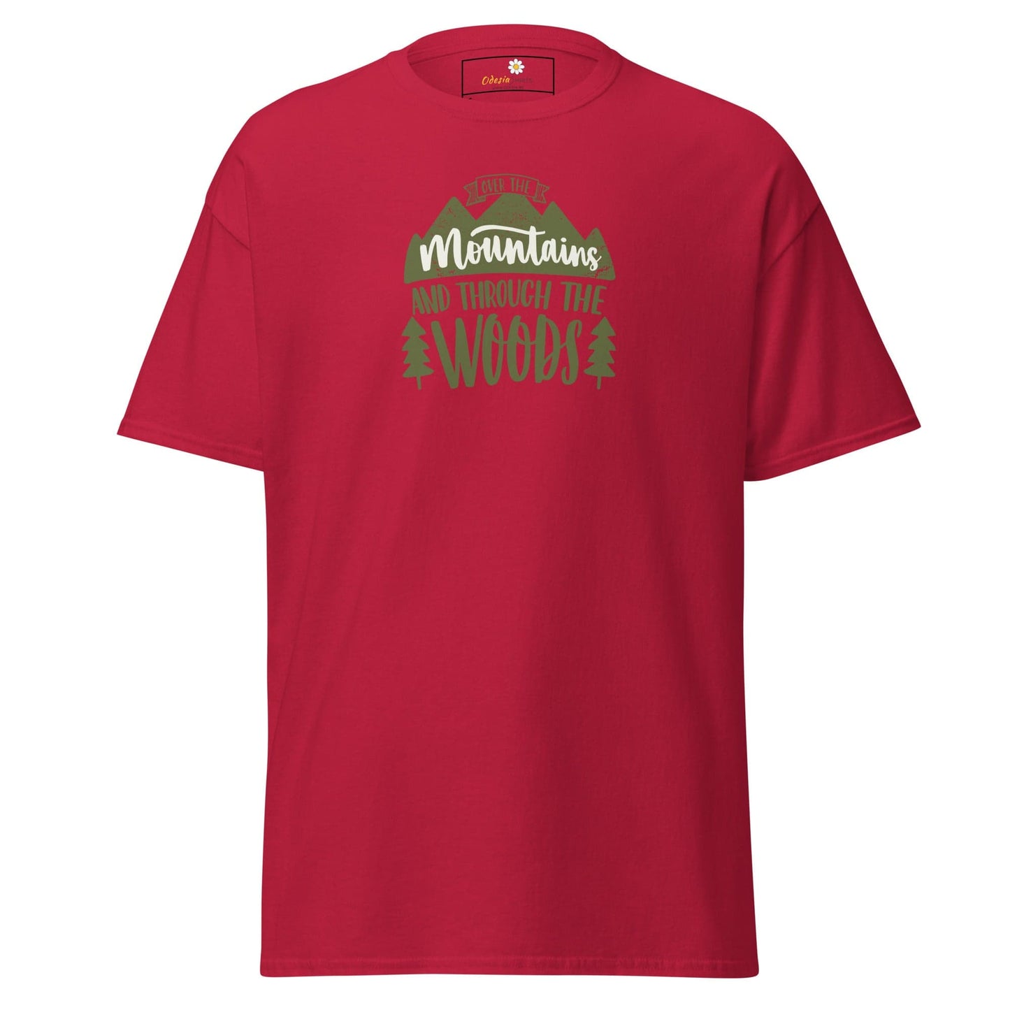 Red T-shirt with Mountain and Woods Graphic for Men and Women, available in S to XL