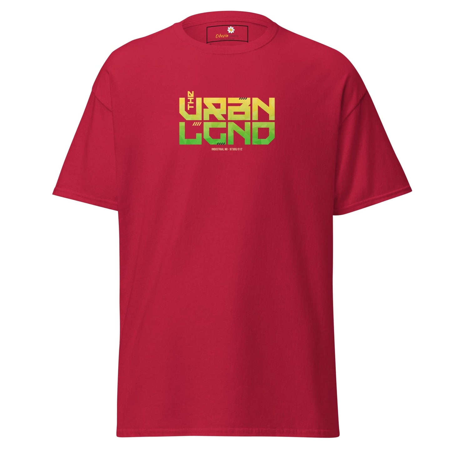 Red T-shirt with graphic design for men and women in sizes S to XL