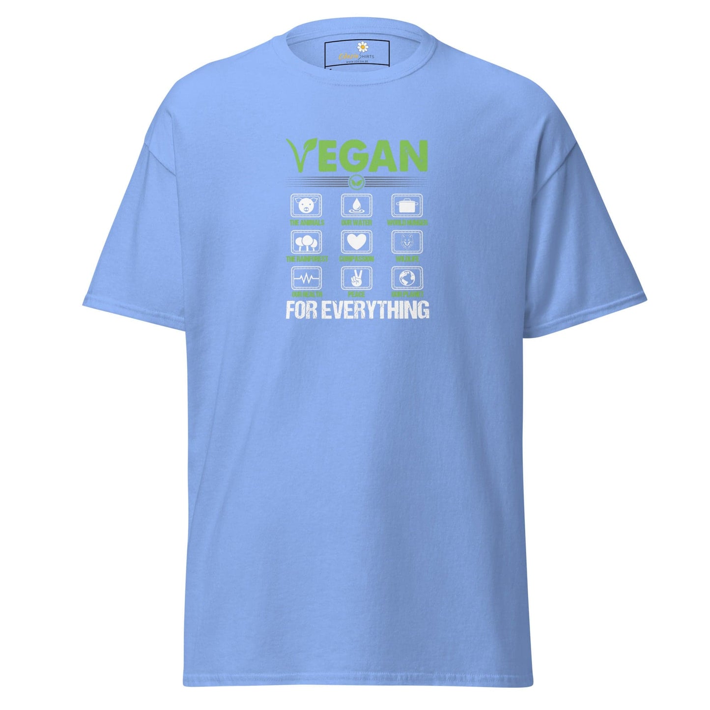 Light blue vegan graphic T-shirt suitable for men and women in sizes S to XL
