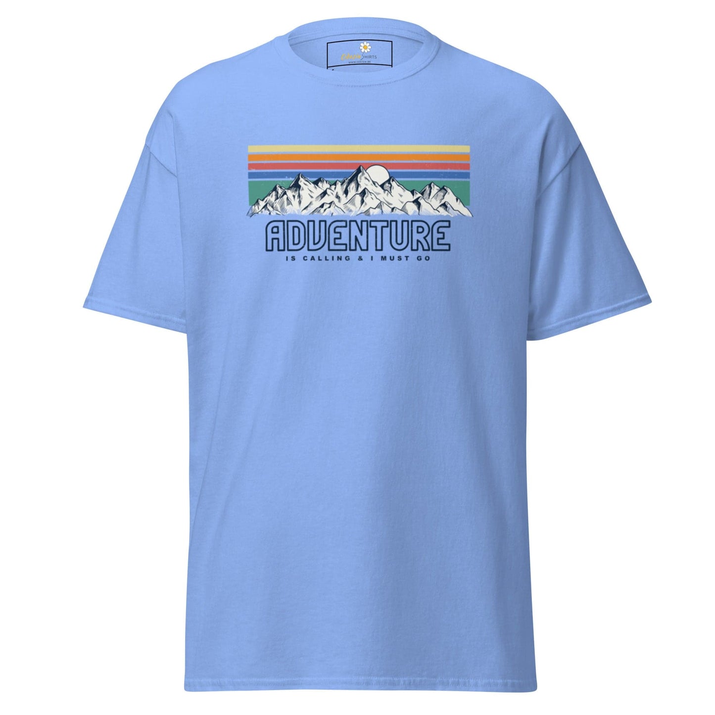 Light blue T-shirt with mountain graphic for men and women in size S to XL
