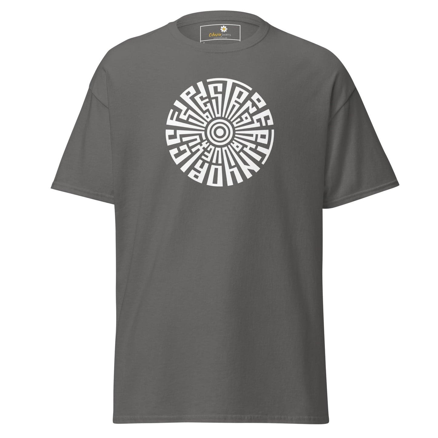 Gray T-shirt with circular white design for Men and Women, available in sizes S to XL