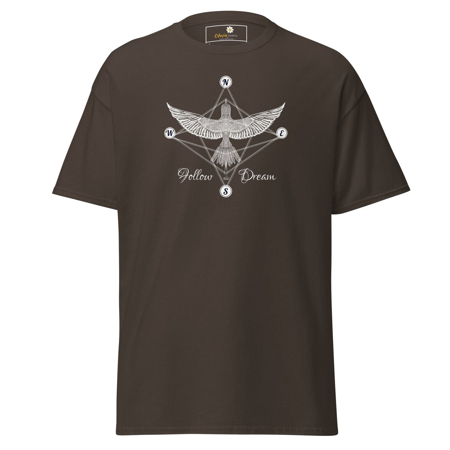 Brown T-shirt with bird design available for men and women in sizes Small to X-Large
