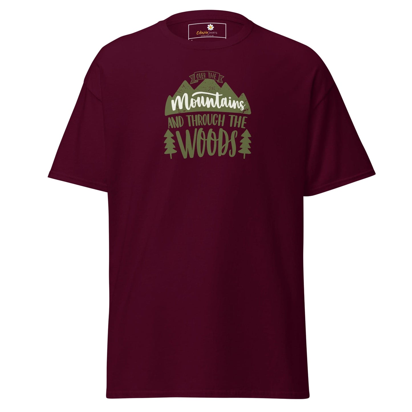 Maroon T-shirt with mountain and woods graphic for men and women in sizes S to XL