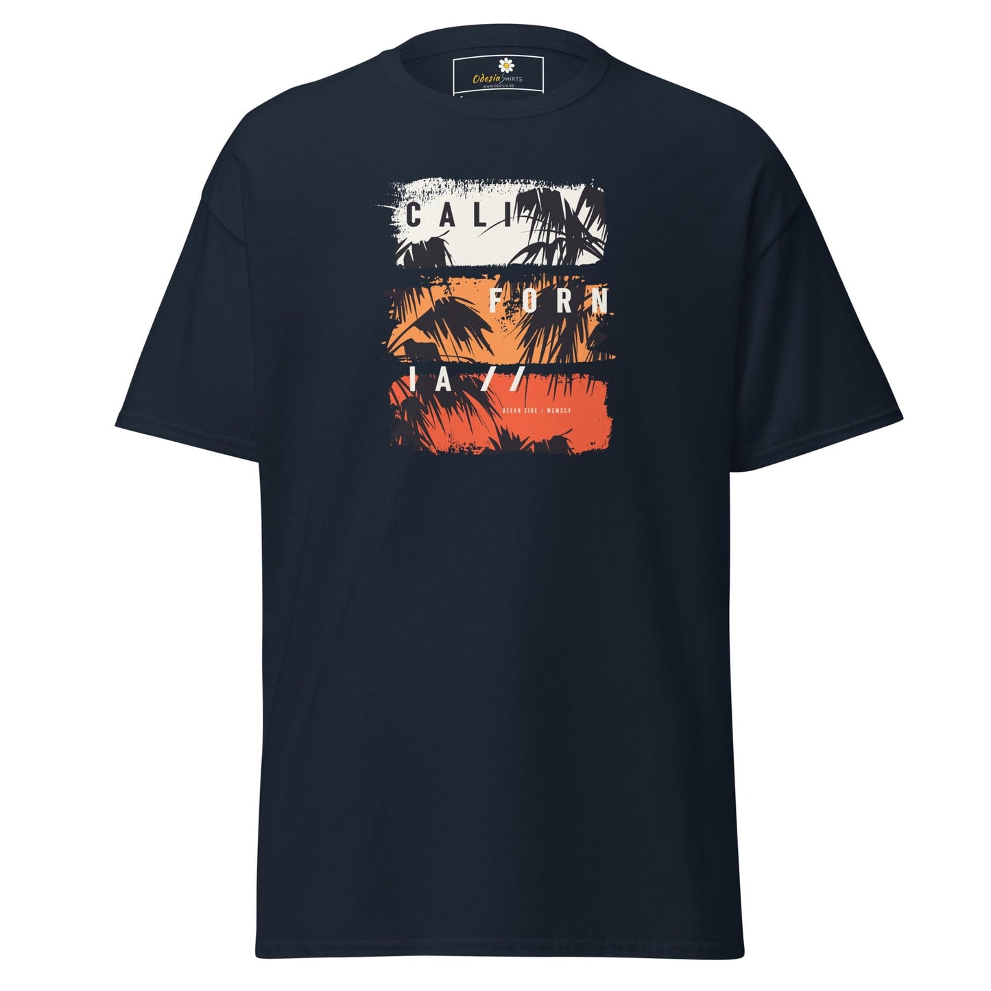 Navy T-shirt with palm tree graphic for men and women in size S to XL