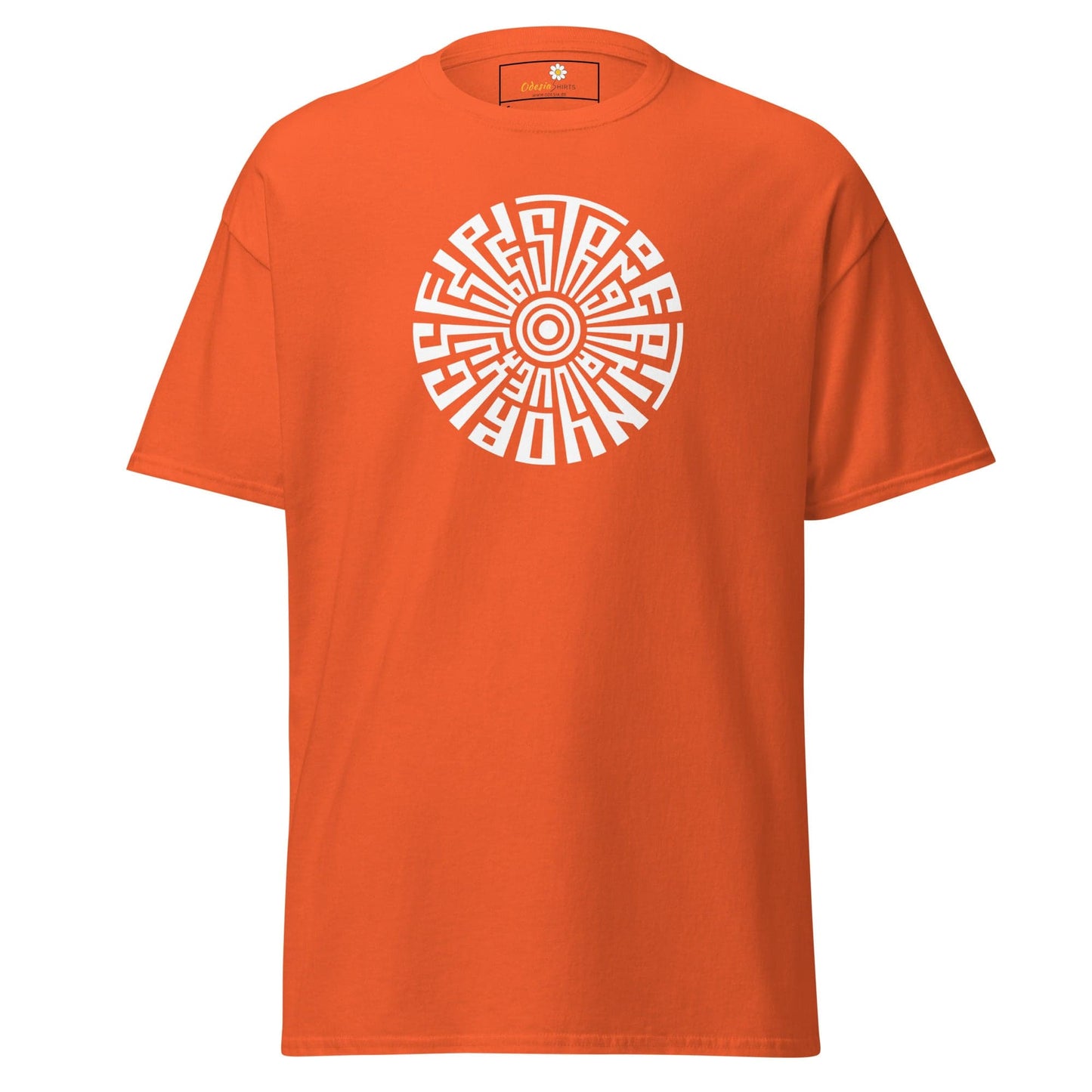 Orange T-shirt with circular white design, available in S to XL for men and women