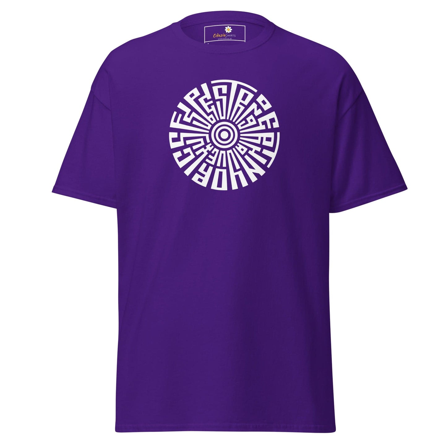 Purple t-shirt with circular white design from T-SHIRT DESIGN TEE for Men and Women