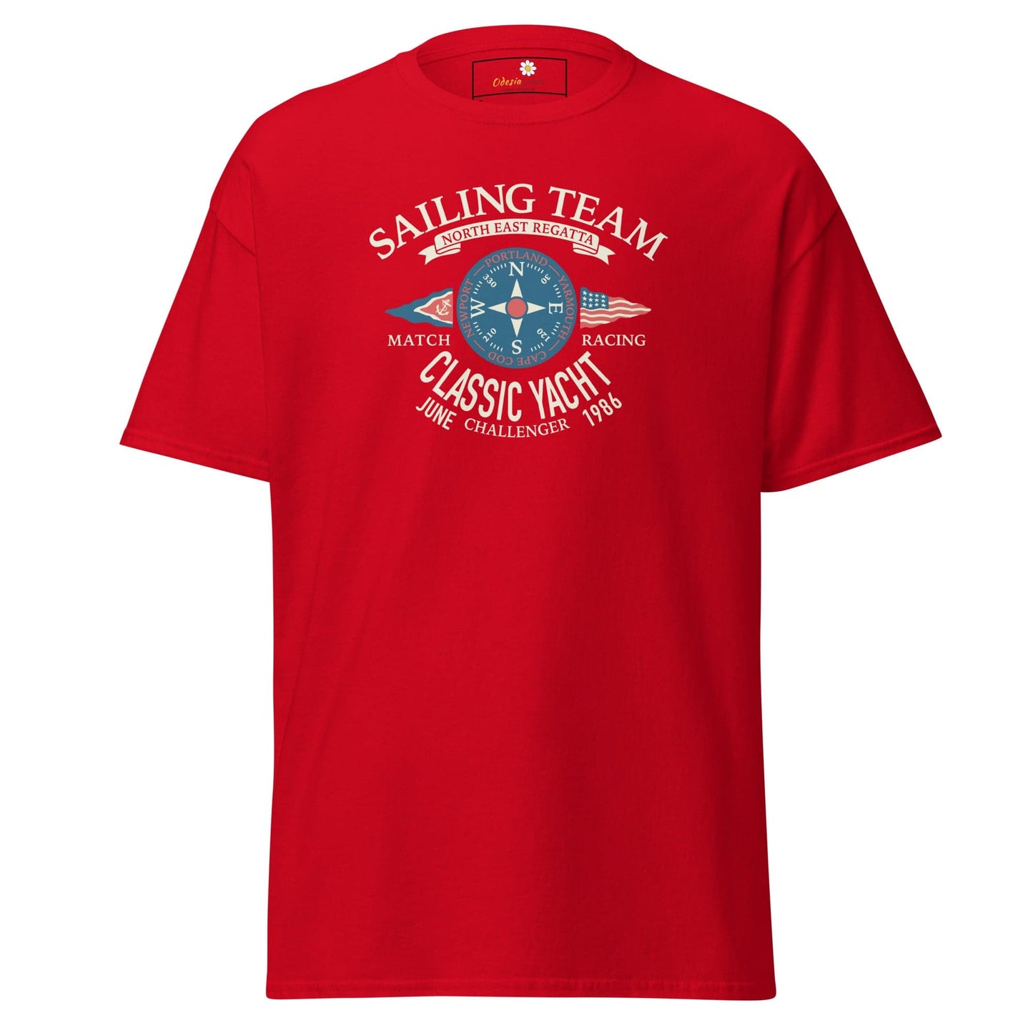 Red sailing team T-shirt for men and women in sizes S to XL displayed in product listing