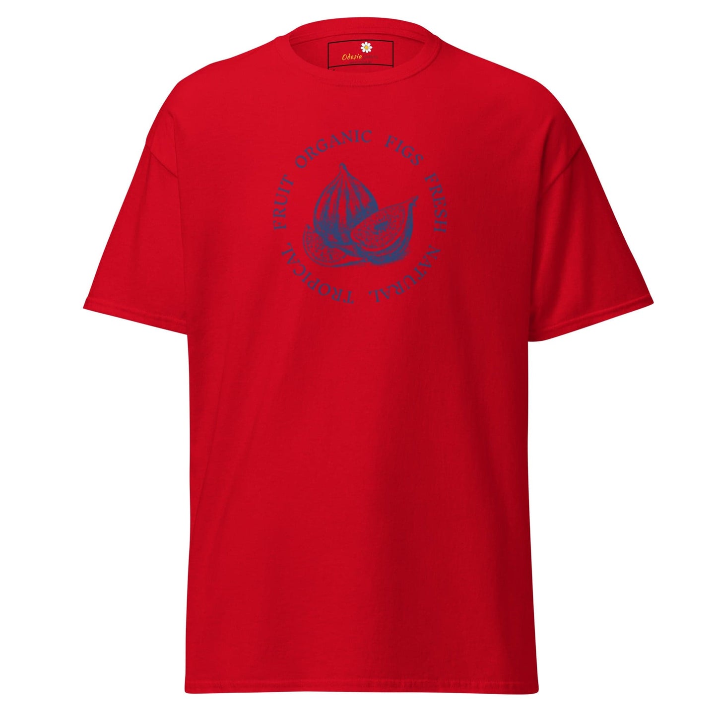 Red T-shirt with blue graphic design for men and women in sizes S to XL