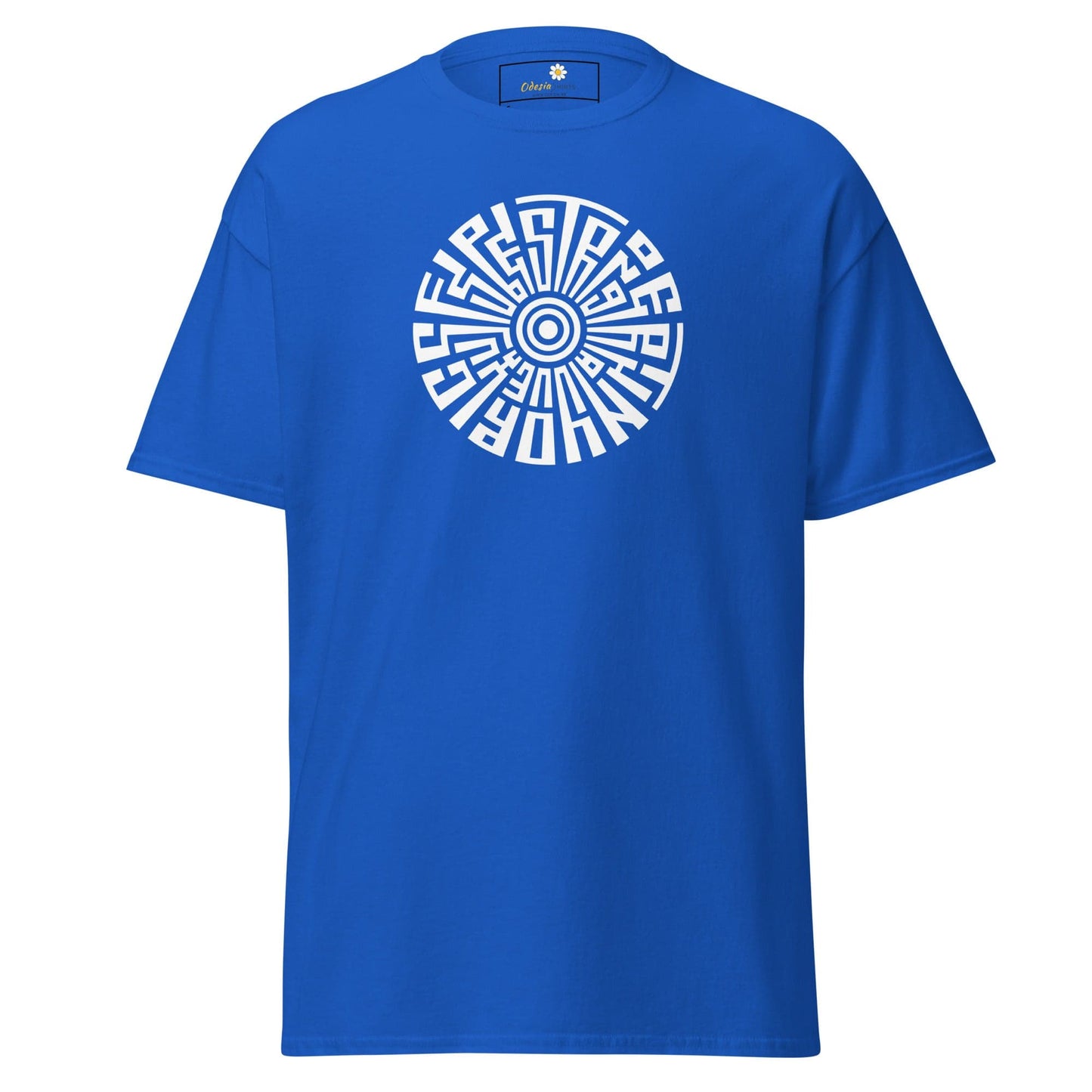 Blue T-shirt with circular white design from T-SHIRT DESIGN TEE for Men and Women