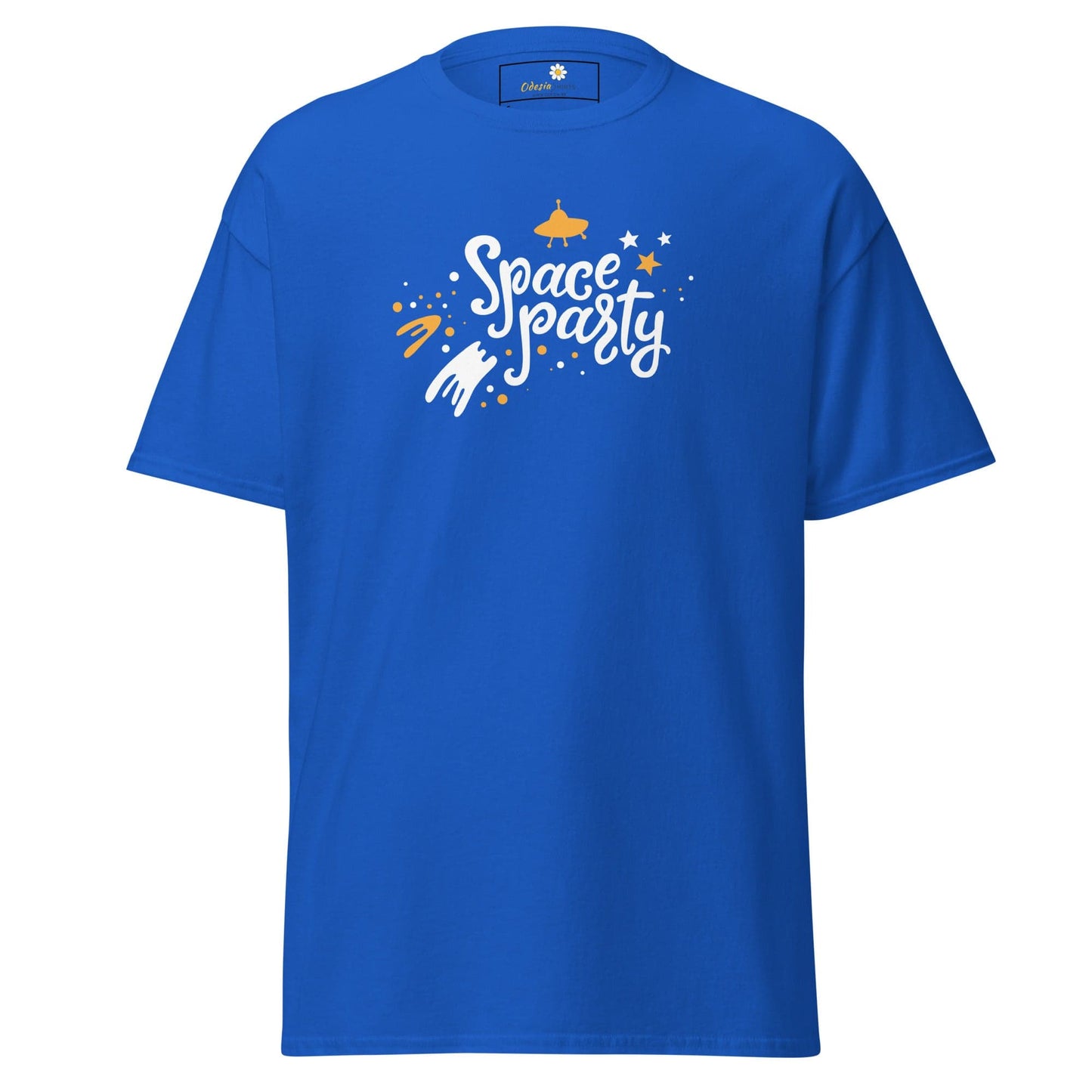 Blue T-shirt featuring a space-themed graphic for Men and Women in size S to XL