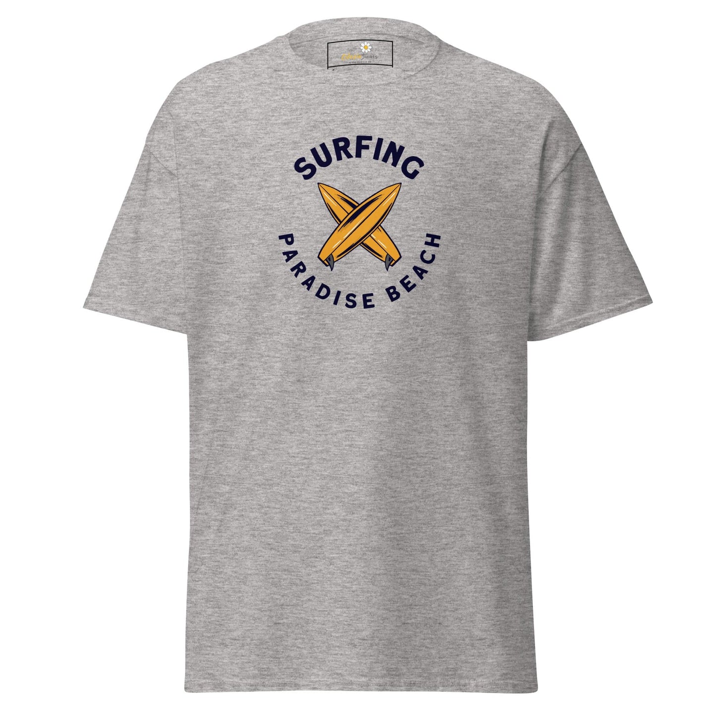 Gray T-shirt with surfing design for Men and Women available in sizes S to XL