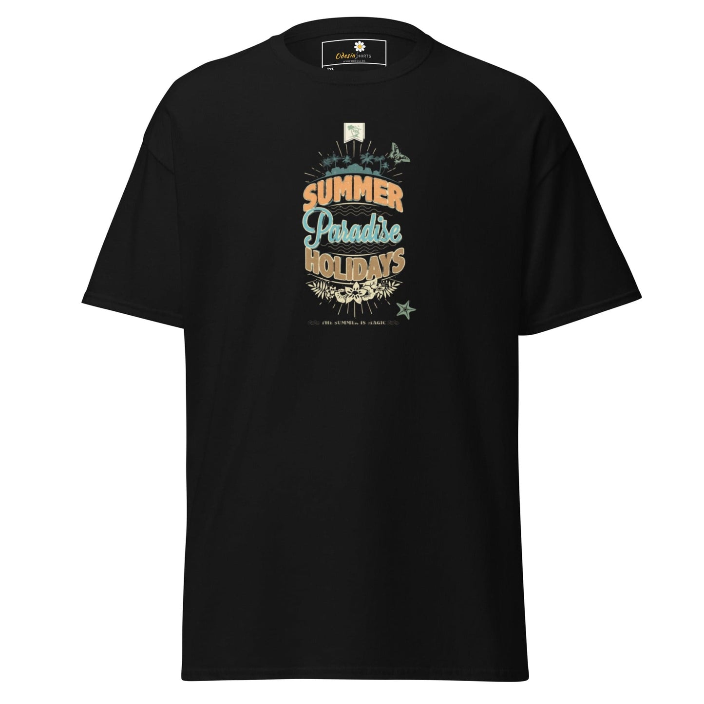 Black t-shirt with summer-themed graphic.