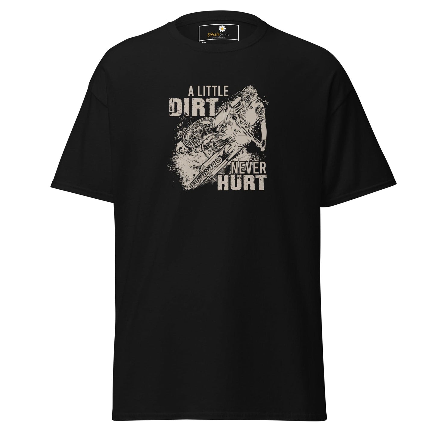 Black graphic tee.