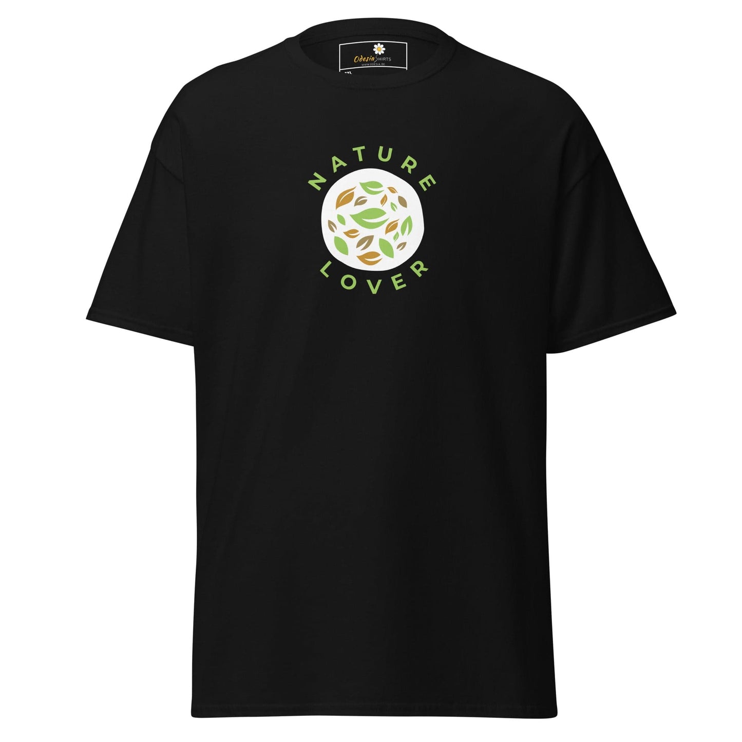 Black t-shirt with nature-themed graphic.