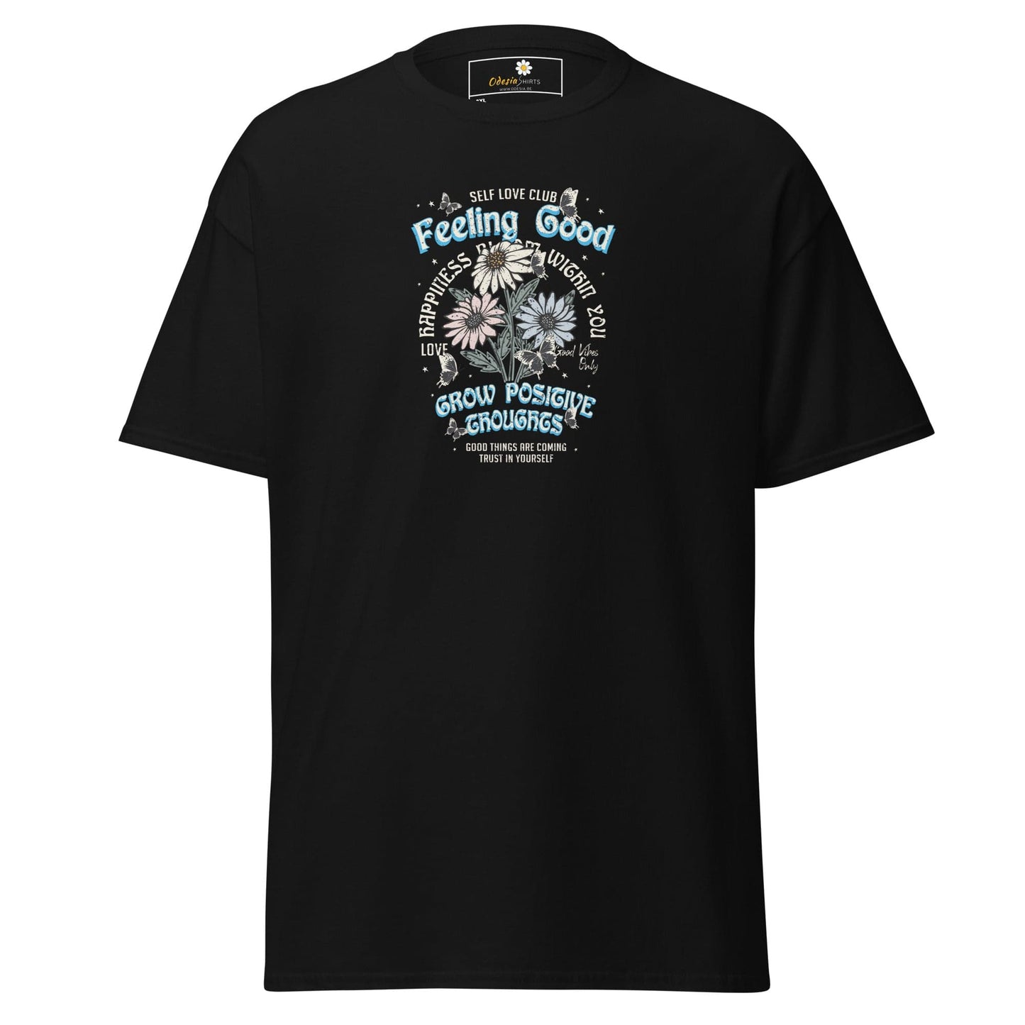Black t-shirt with floral graphic.