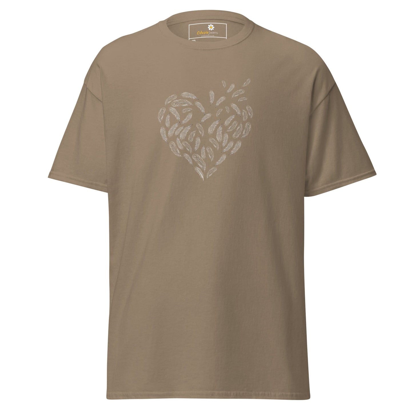 Khaki T-shirt with feather heart design for Men and Women in 2XL to 5XL sizes