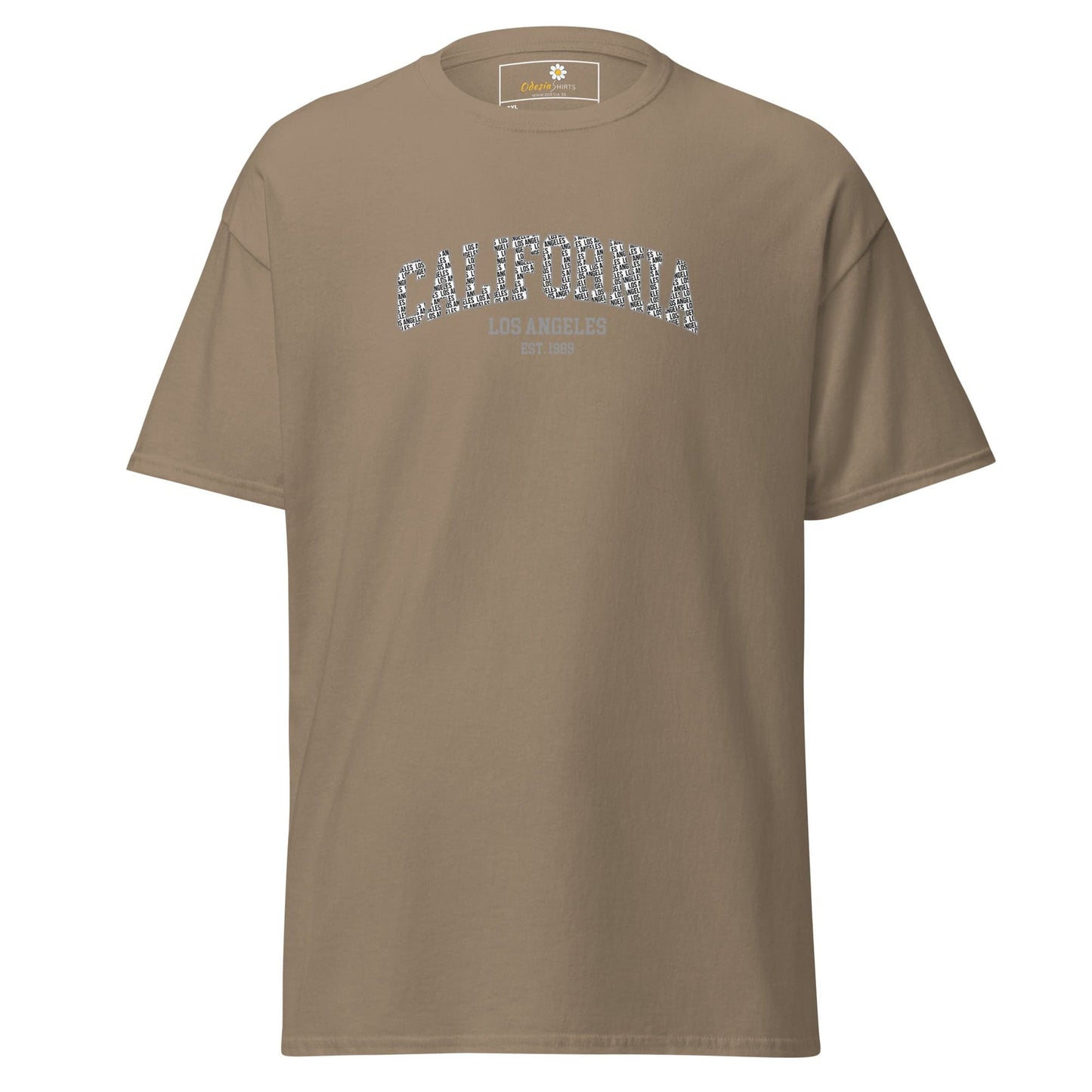 Khaki t-shirt with ’California’ text.