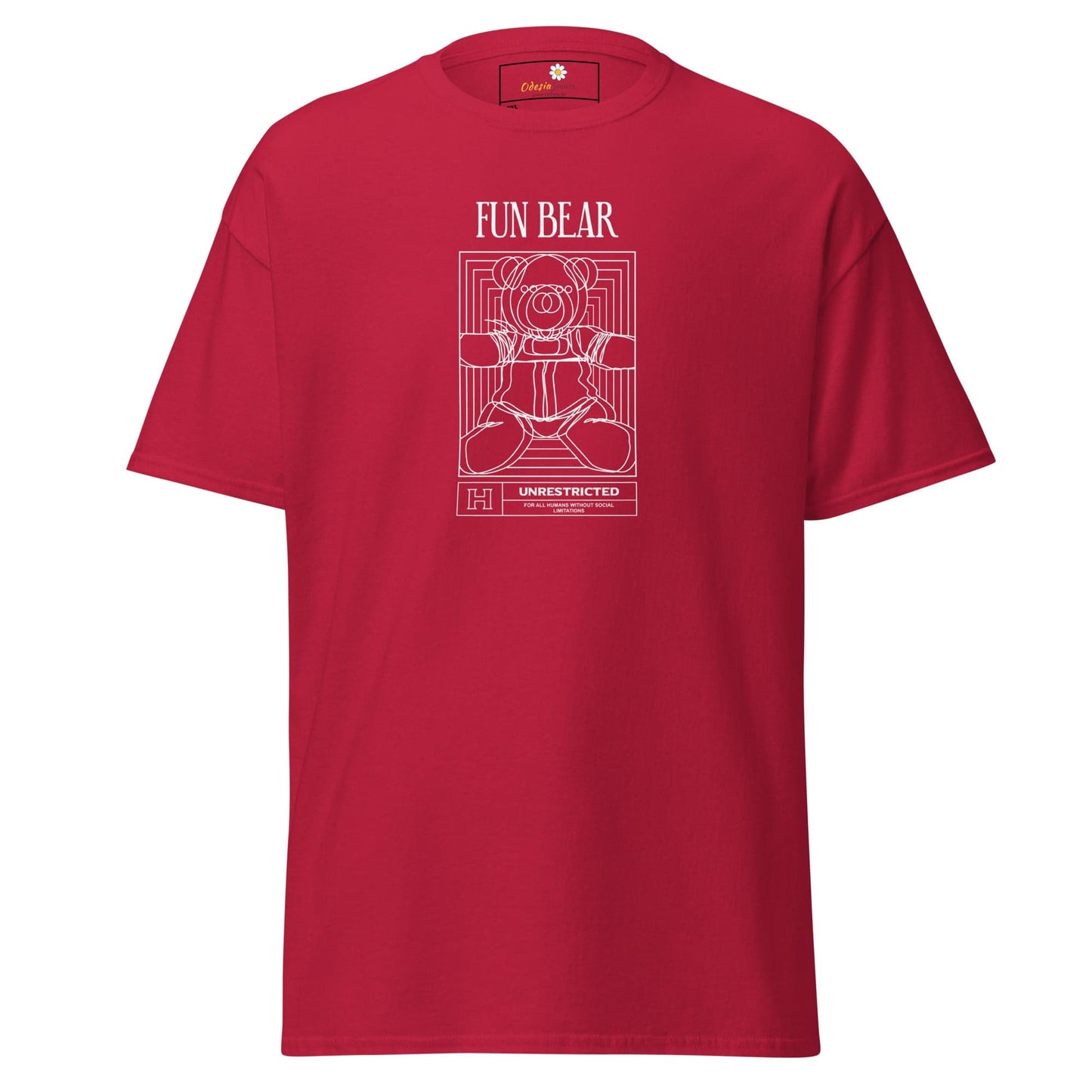 Red t-shirt with a white bear design.