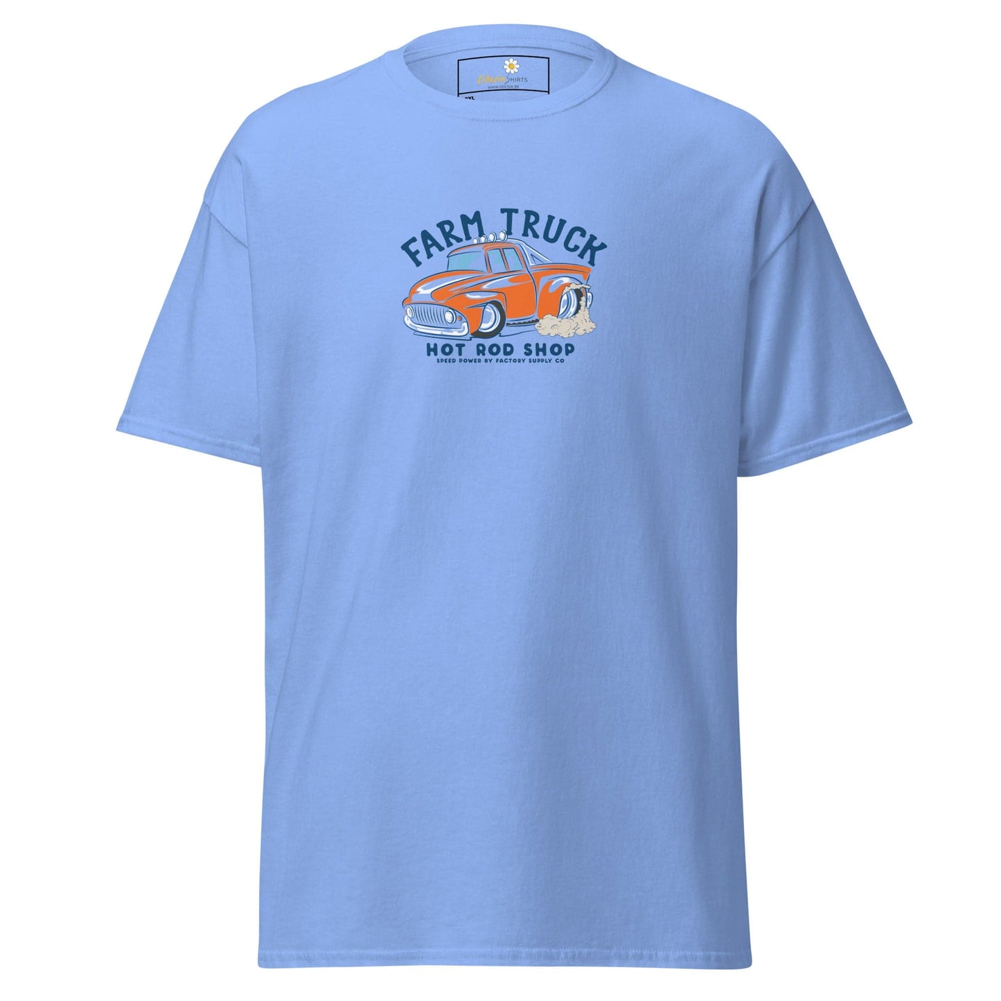 Light blue t-shirt.
