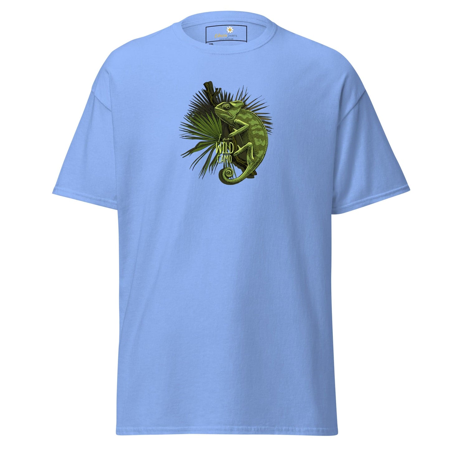 Light blue t-shirt.