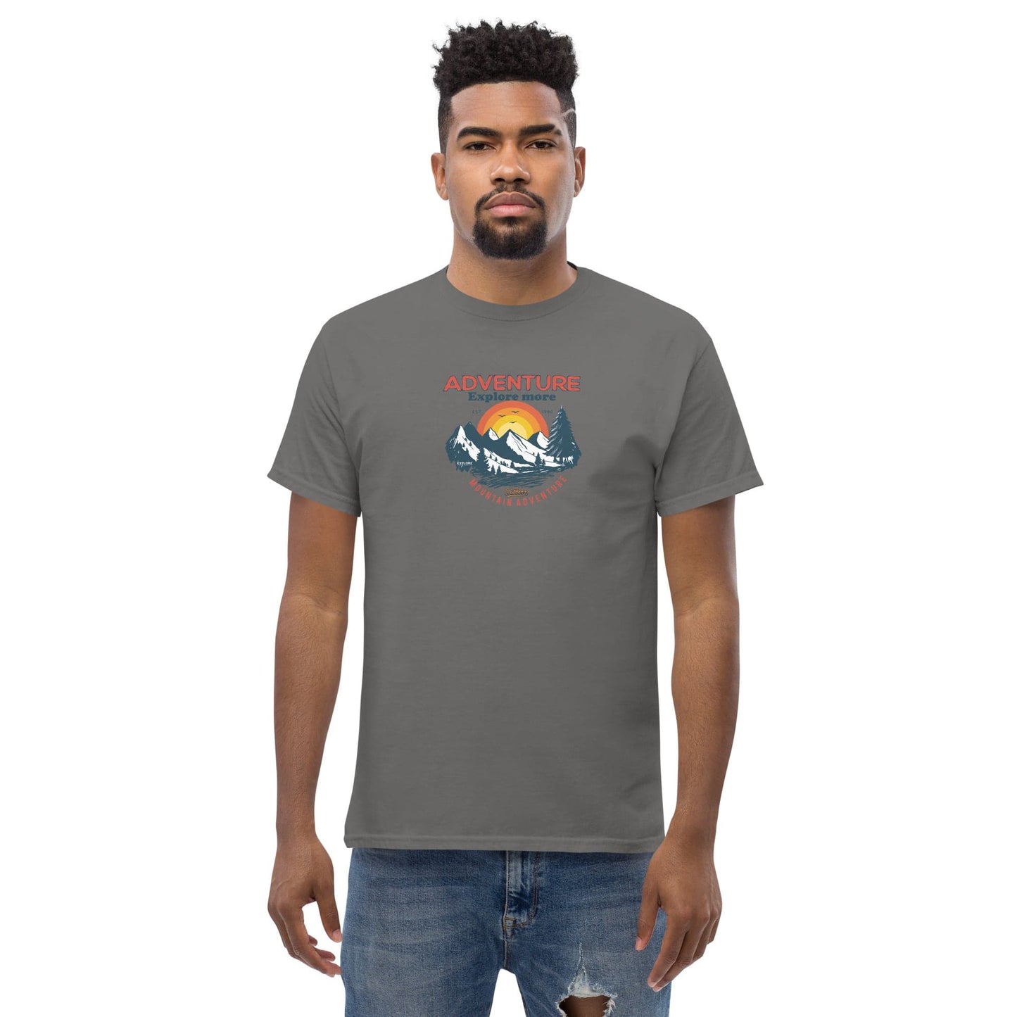 Gray t-shirt with mountain graphic.