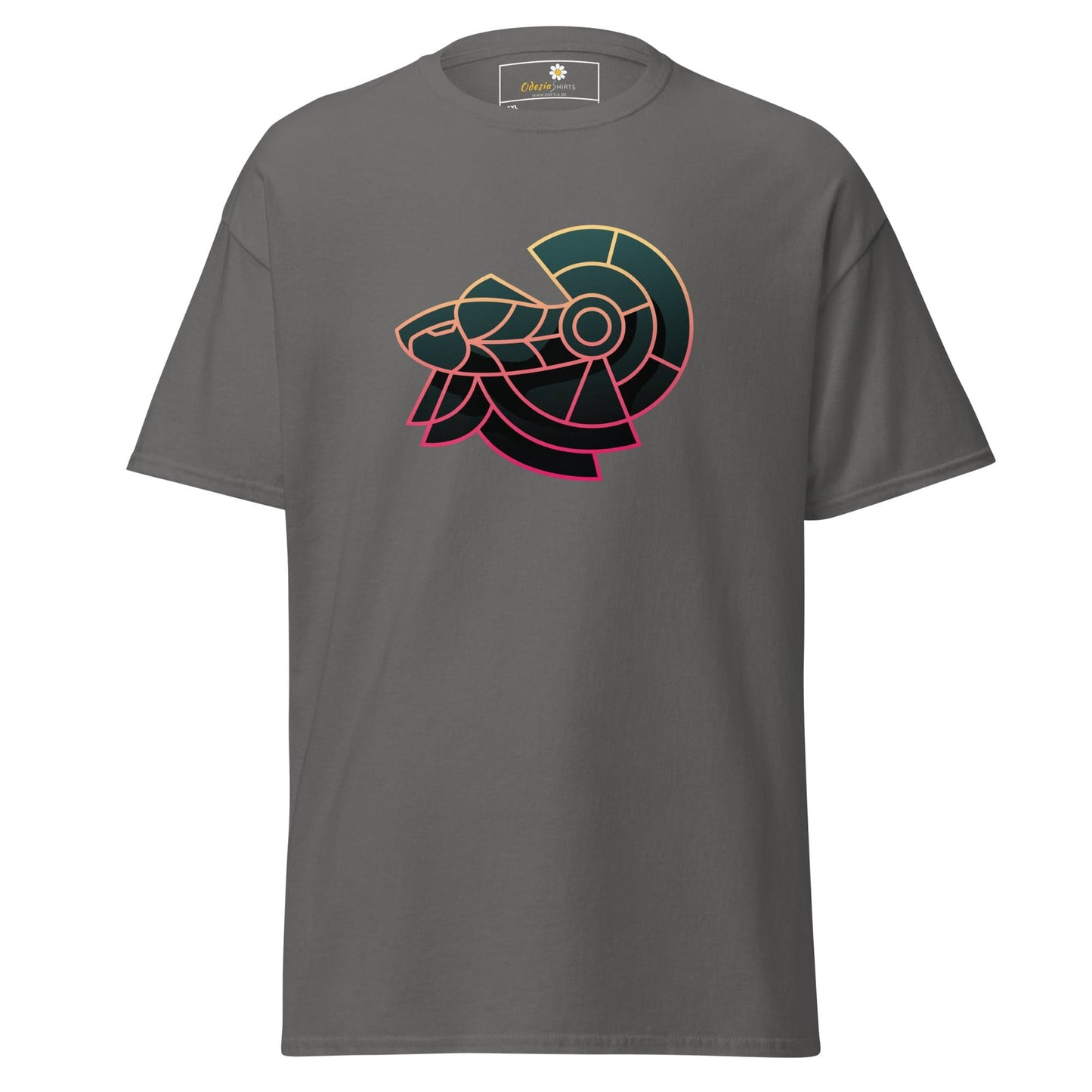 Gray T-shirt with stylized ram design for Men or Women in sizes 2XL to 5XL