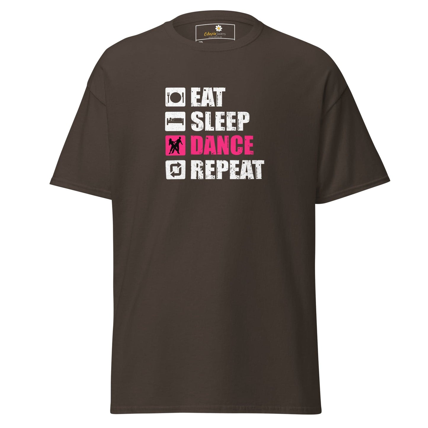 Brown t-shirt with dance graphic.