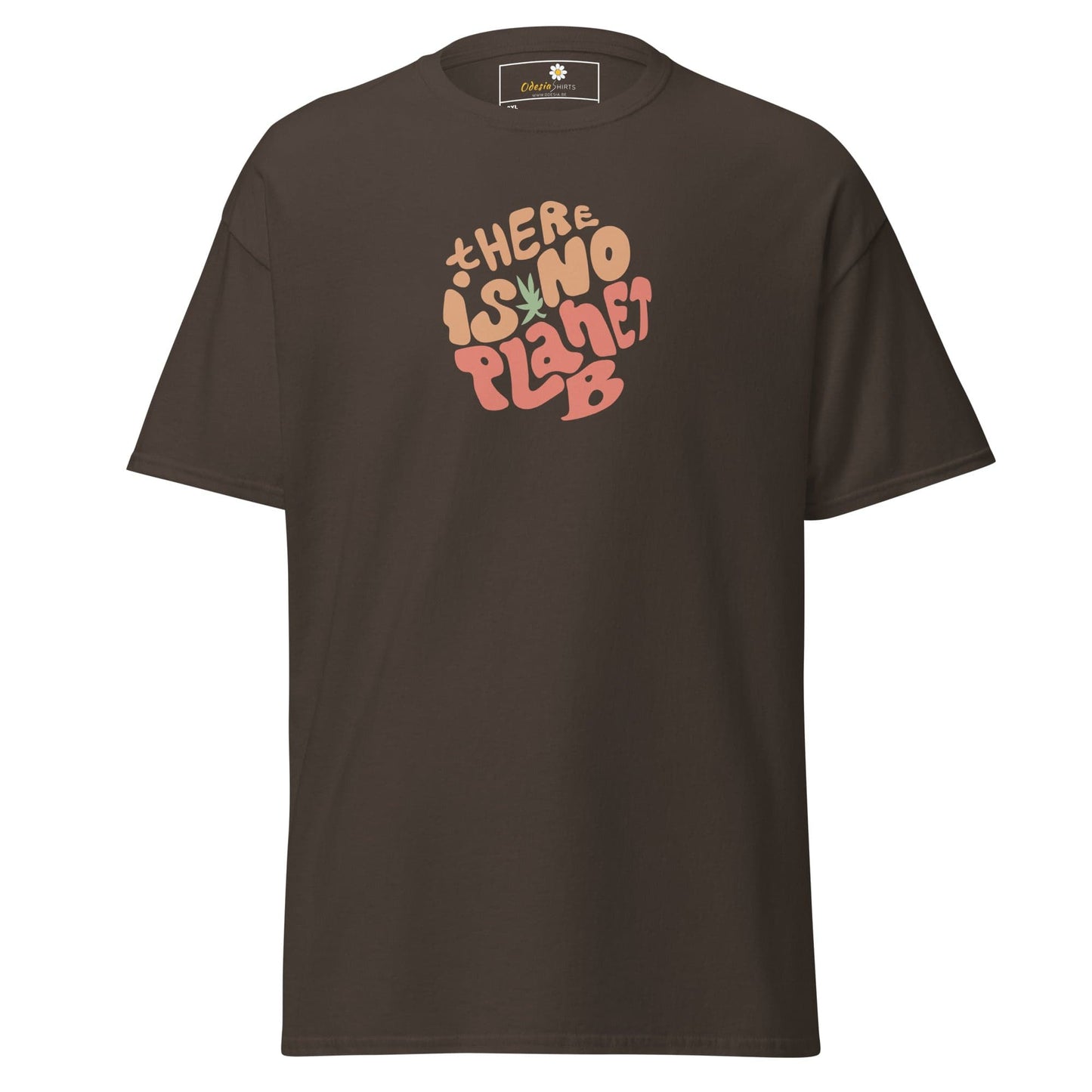 Brown t-shirt with ’There is no planet B’ graphic.