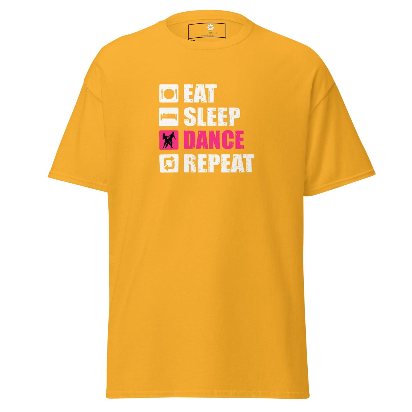Yellow t-shirt with dance graphic.