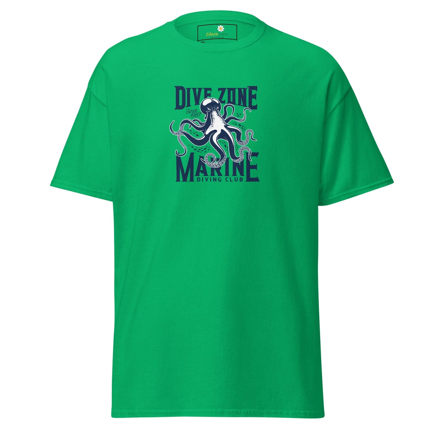 Green t-shirt with octopus graphic.