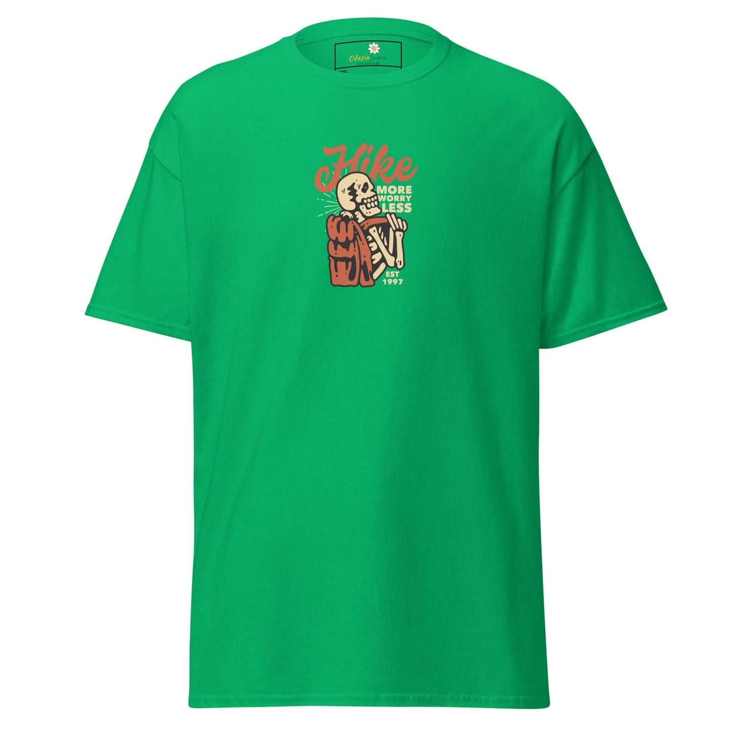 Green t-shirt with skeleton hiker graphic.