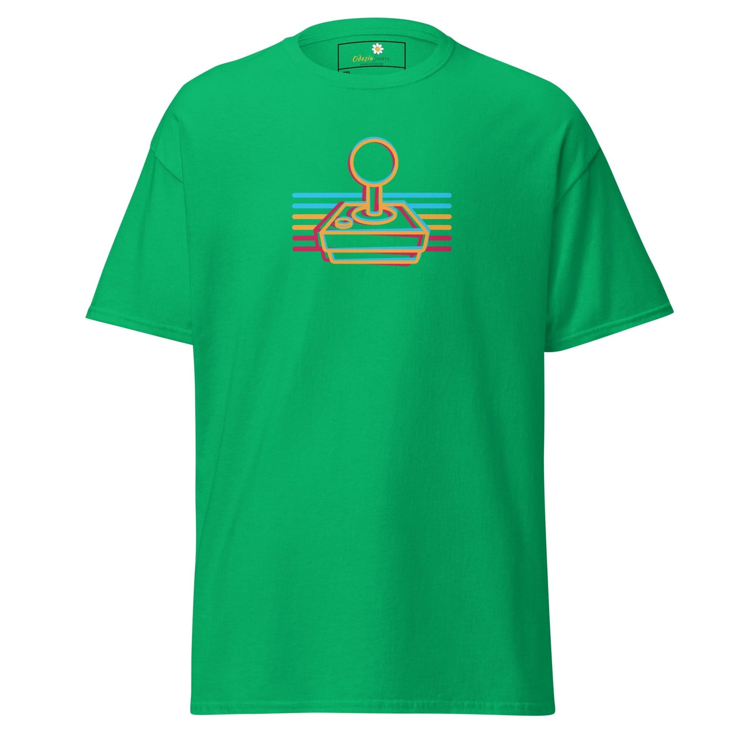 Green t-shirt with retro joystick design.