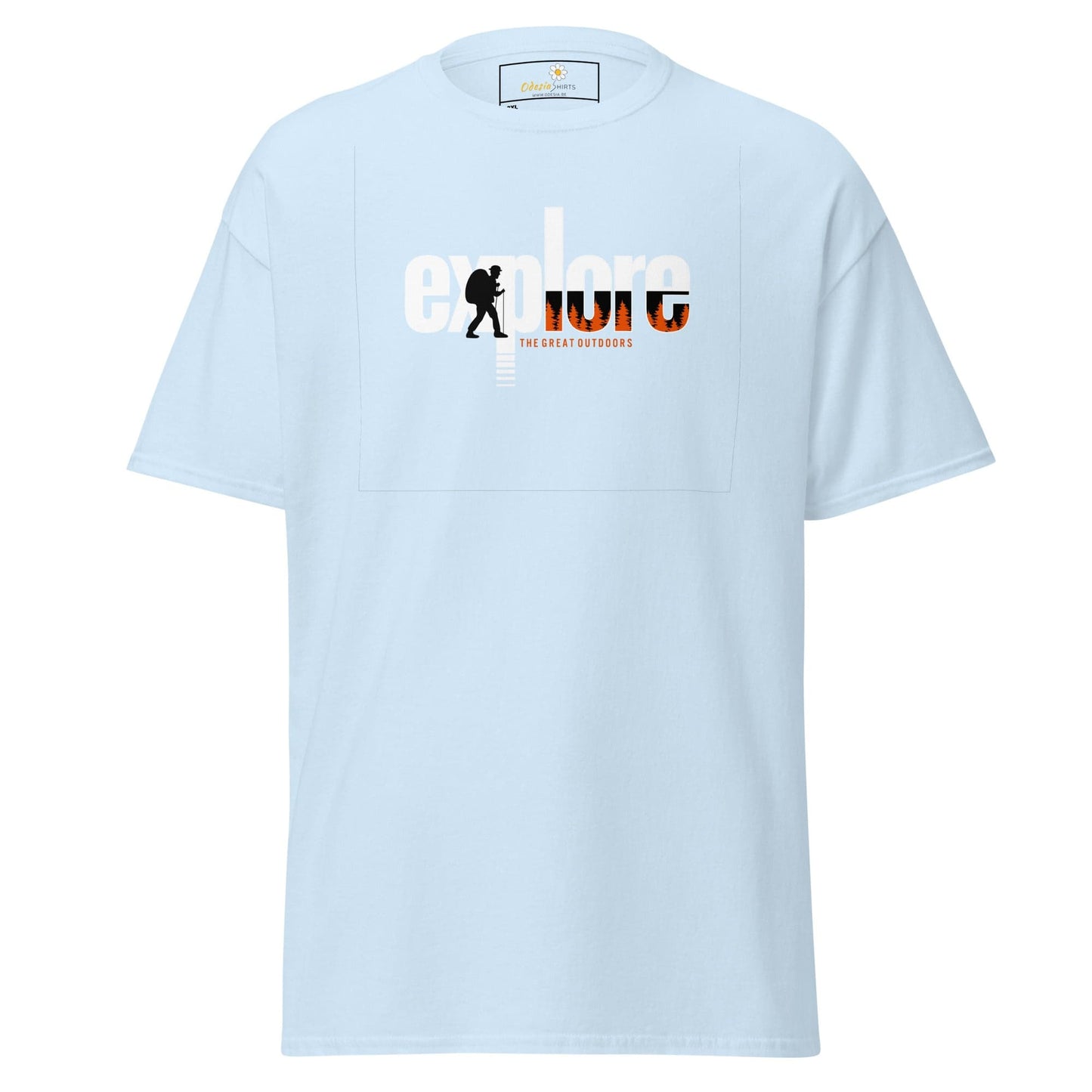 Light blue t-shirt with ’explore’ graphic.