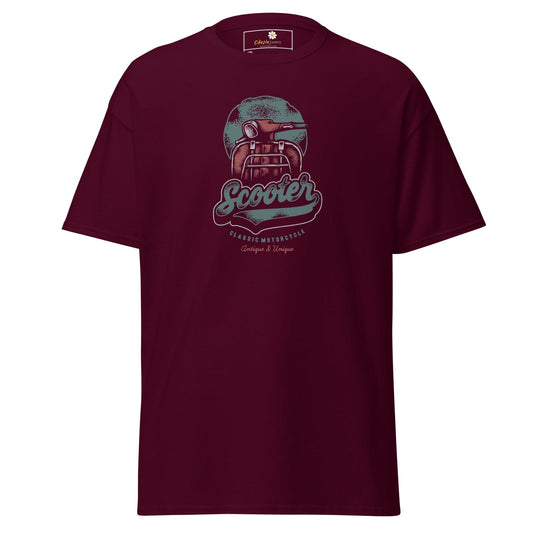 Maroon t-shirt with scooter graphic.