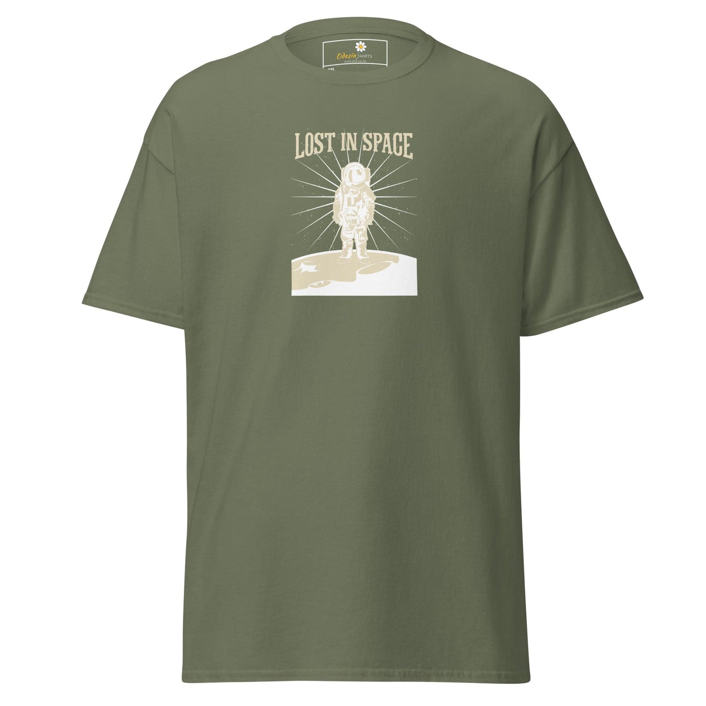Olive green T-shirt with astronaut graphic for men and women in 2XL to 5XL sizes
