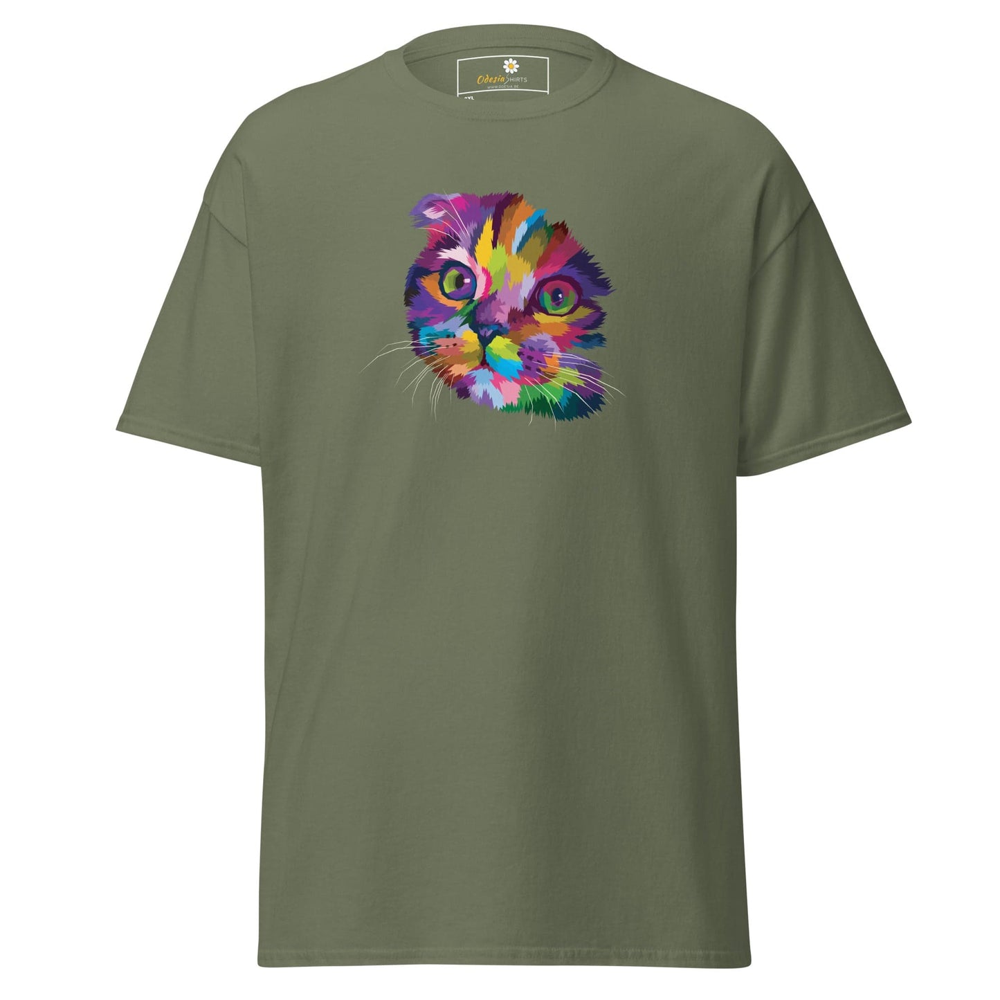 Olive green T-shirt with colorful Cat Face design for Men and Women in 2XL to 5XL sizes