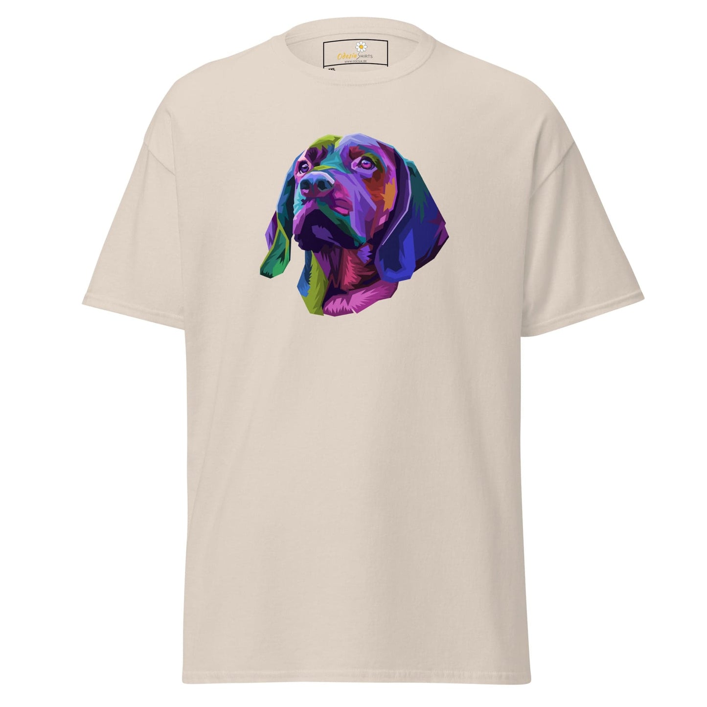 Beige T-shirt with colorful dog portrait for Men and Women in sizes 2XL to 5XL