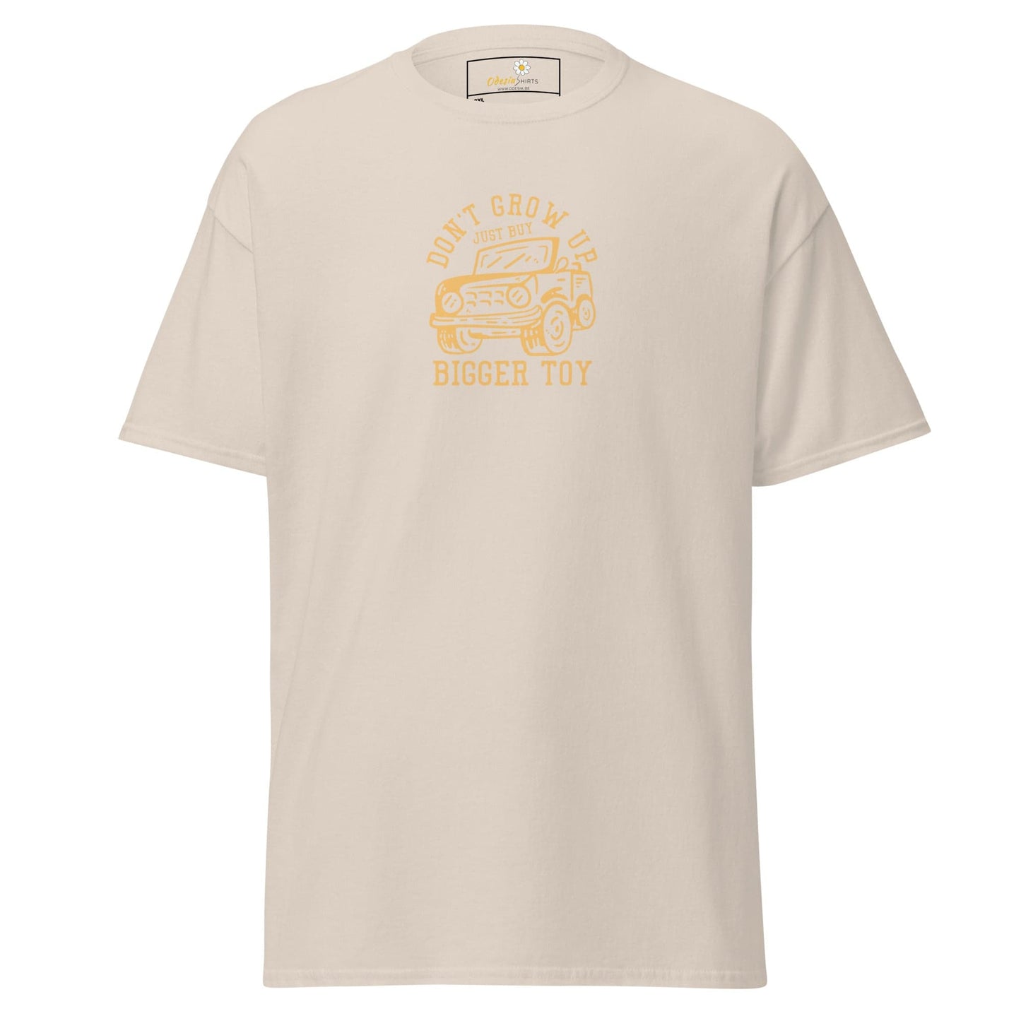 Beige graphic tee.