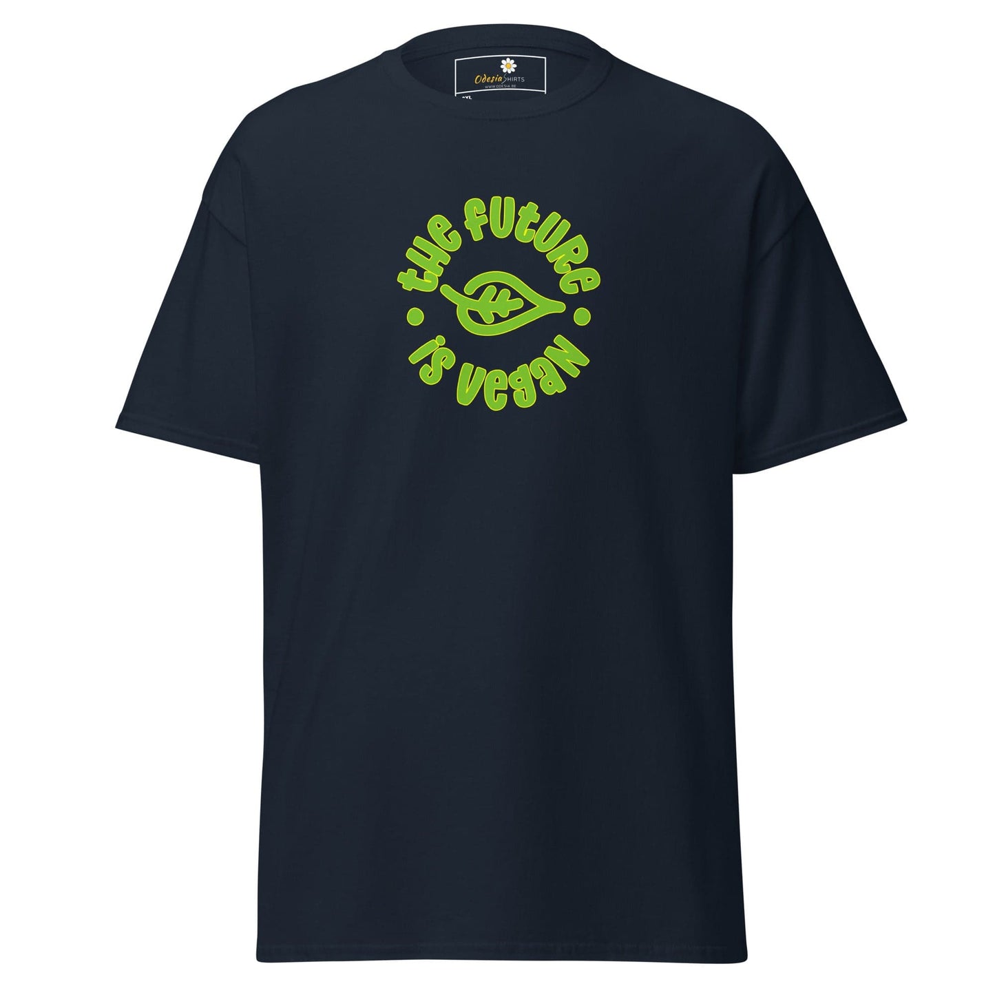 Navy t-shirt with vegan slogan.