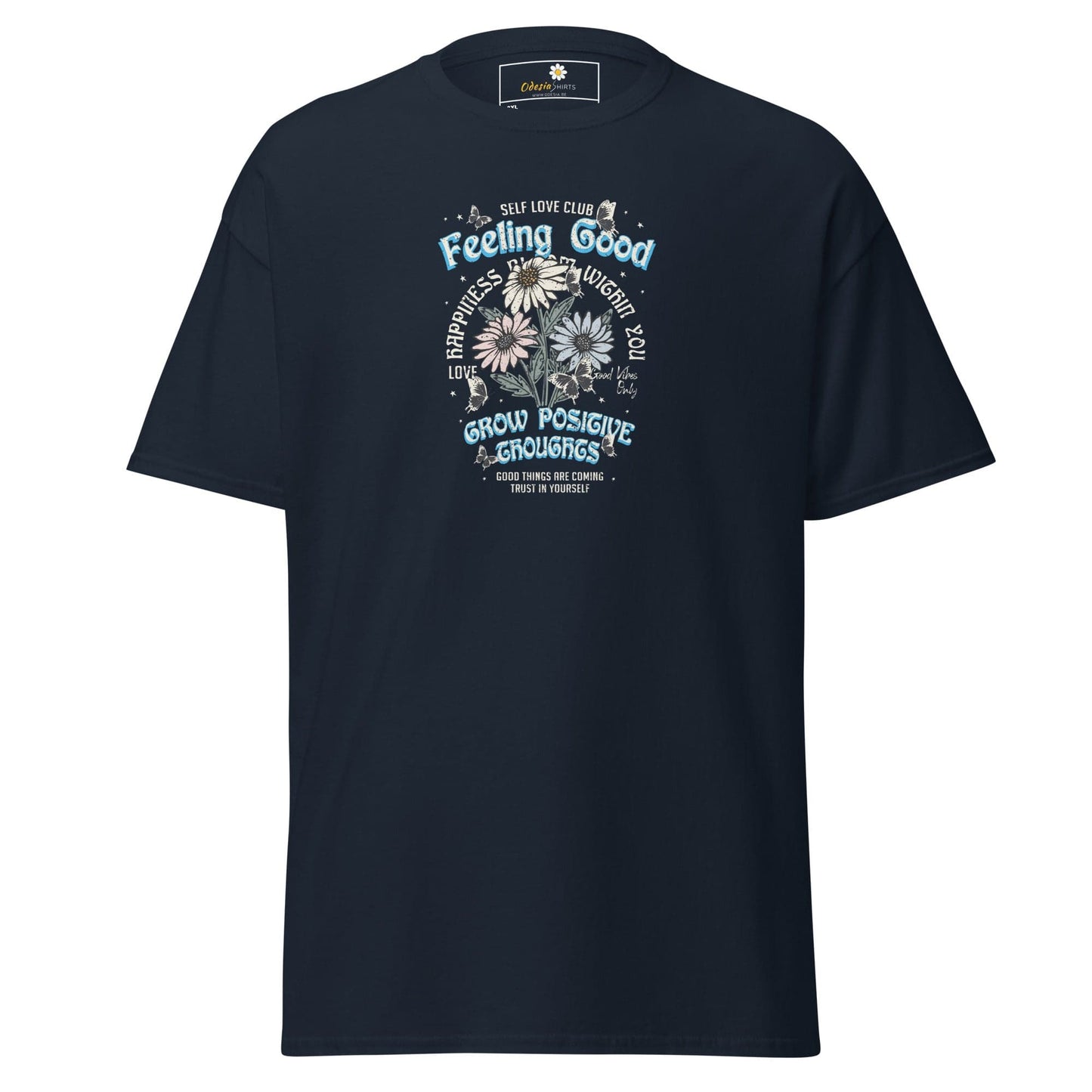 Navy blue t-shirt with floral graphic.