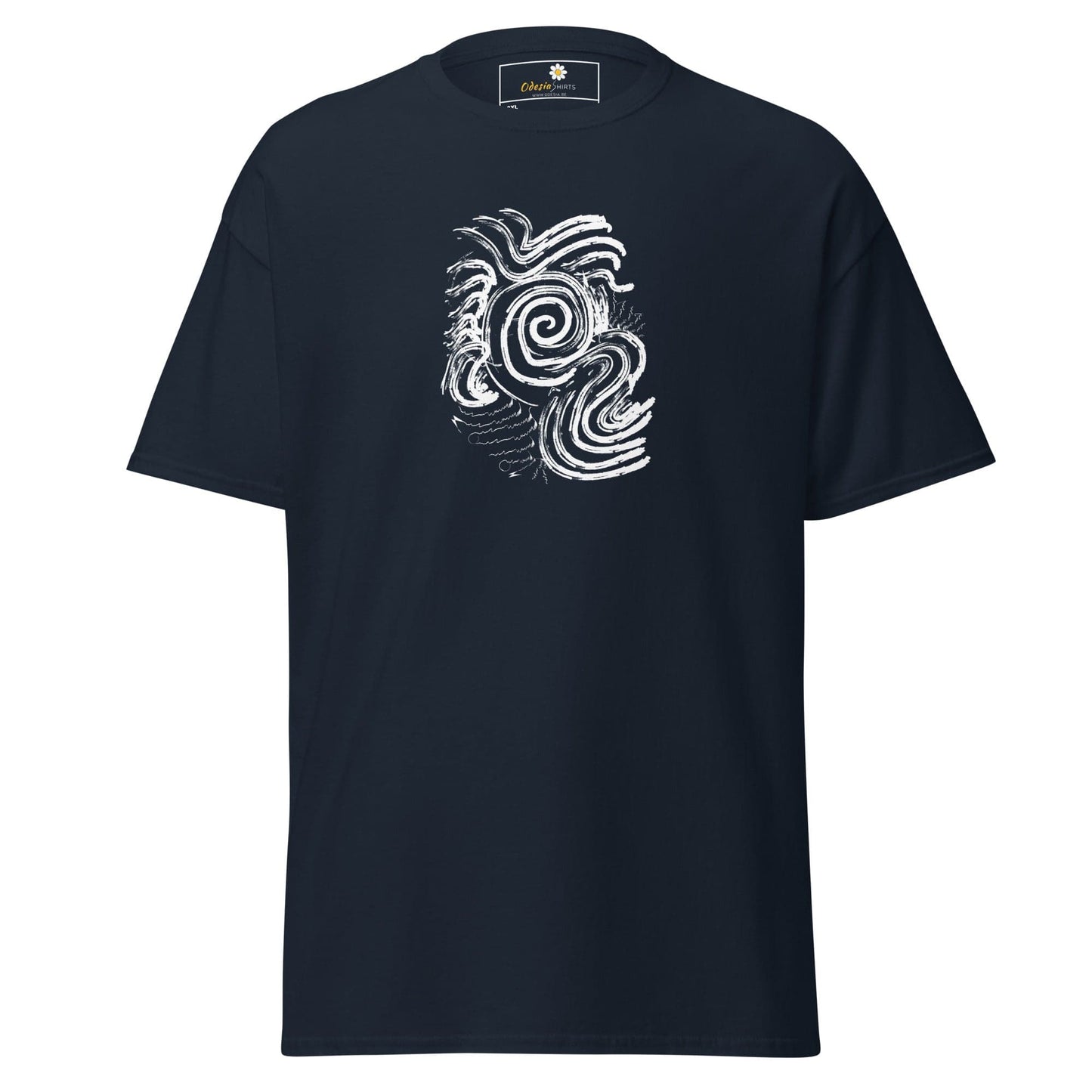 Navy blue t-shirt with white abstract design for men and women in plus sizes 2XL to 5XL