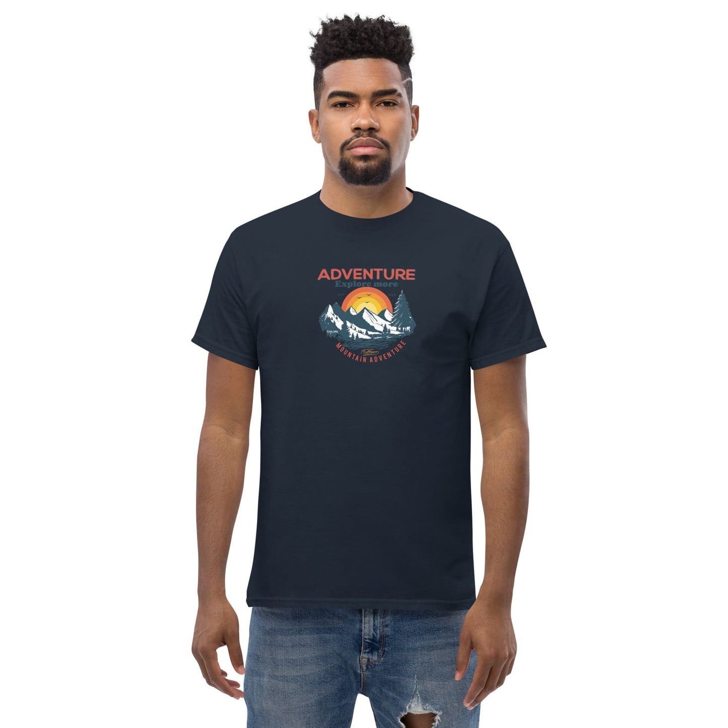 Navy blue t-shirt with mountain graphic.