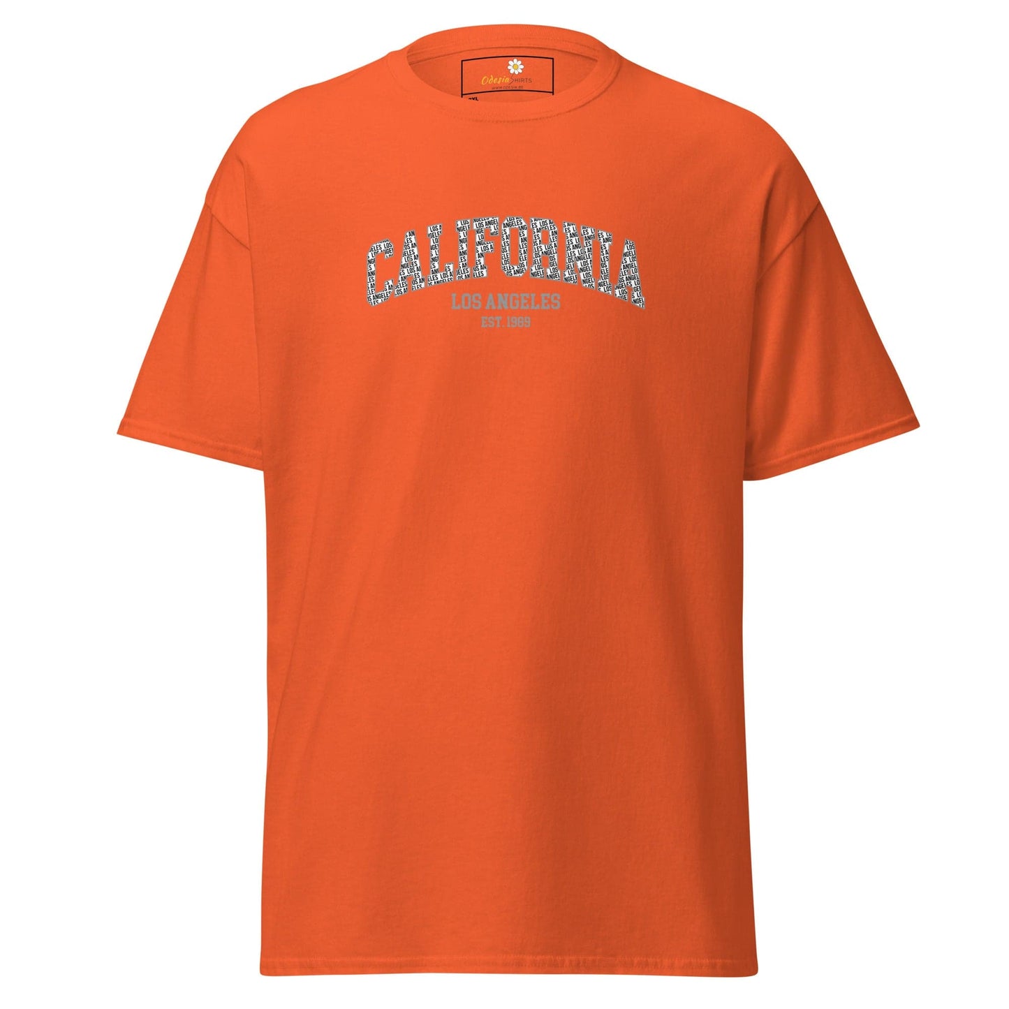 Orange t-shirt with ’California’ and ’Los Angeles’ text.