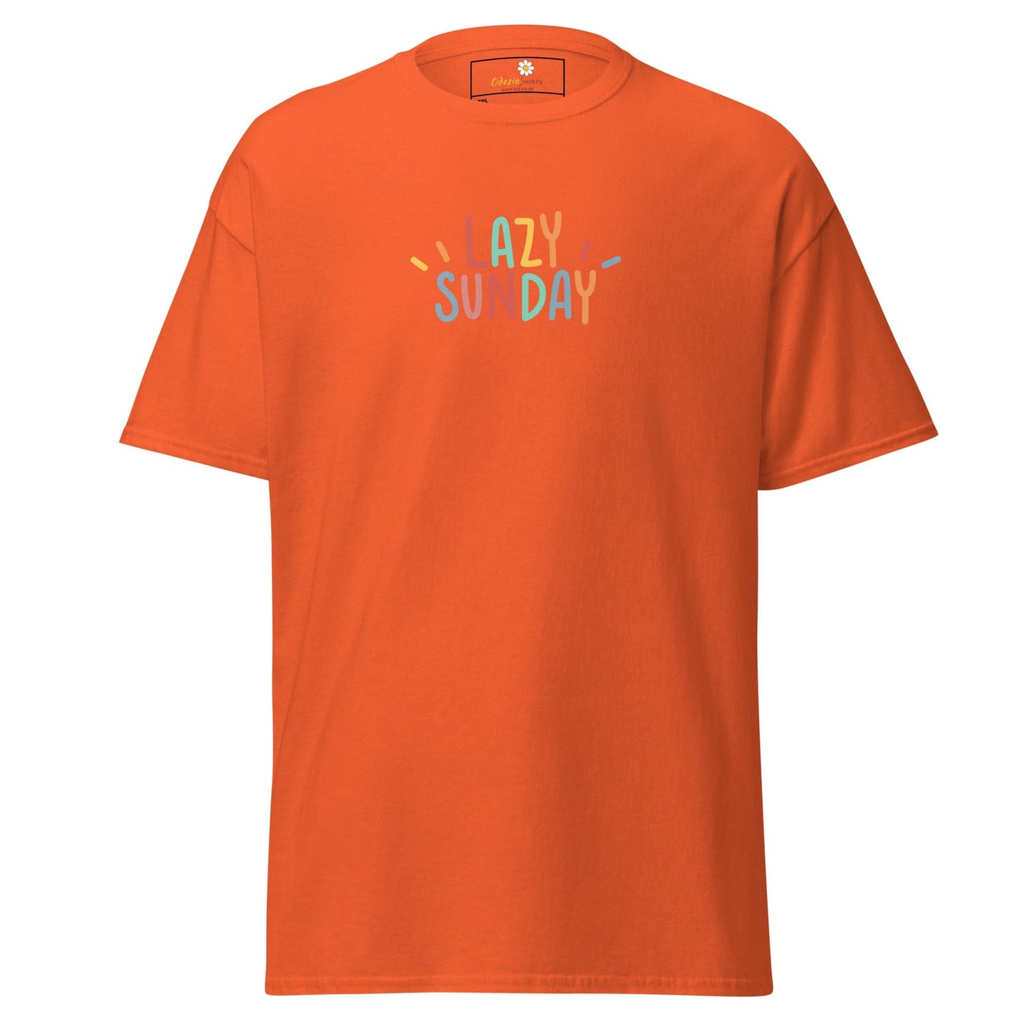Orange t-shirt with ’Lazy Sunday’ text.