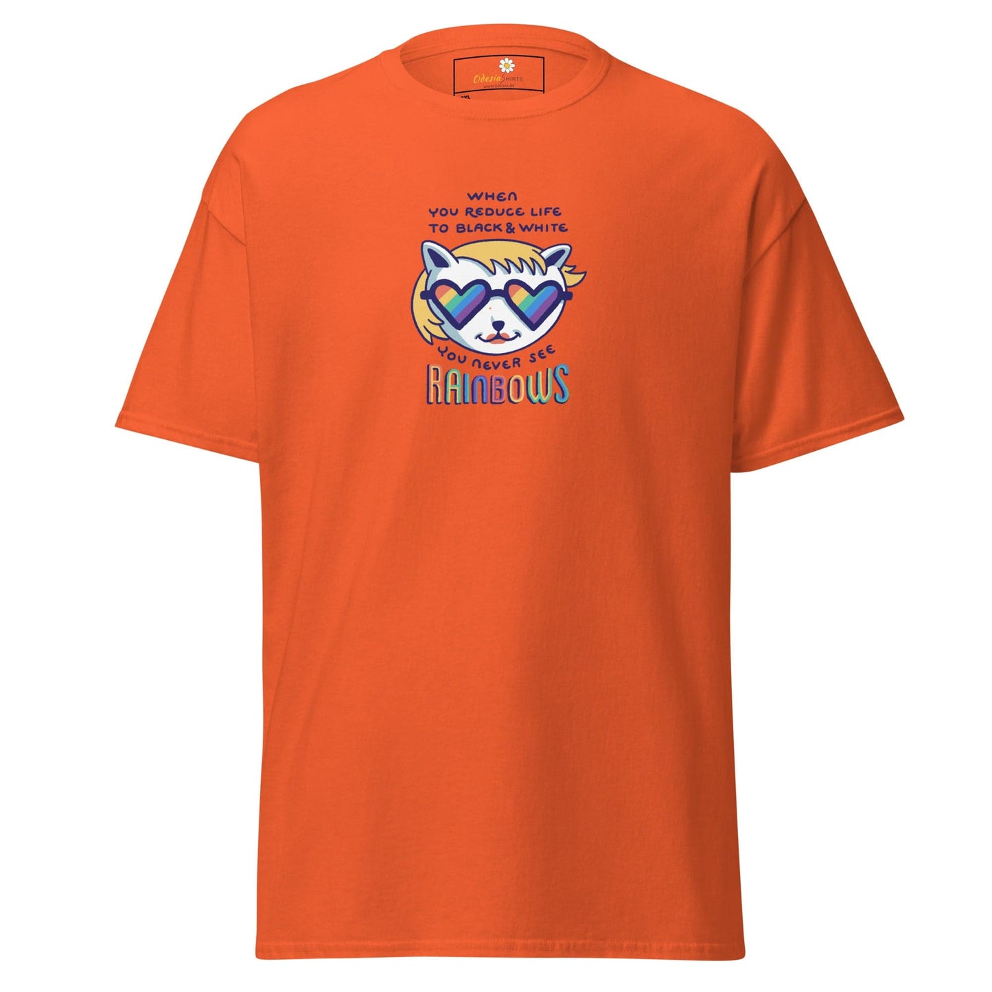 Orange T-shirt with cartoon cat graphic for Men and Women in 2XL to 5XL sizes