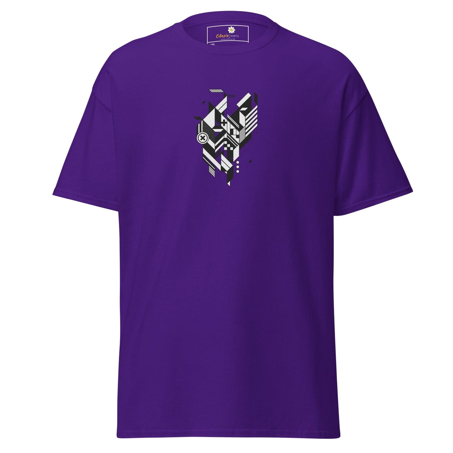 Purple t-shirt with geometric design.