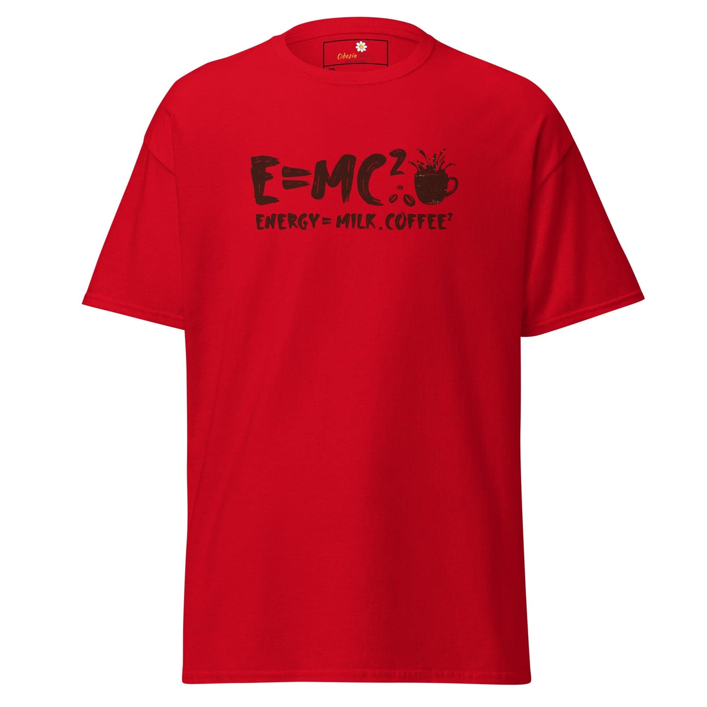 Red t-shirt with coffee equation.